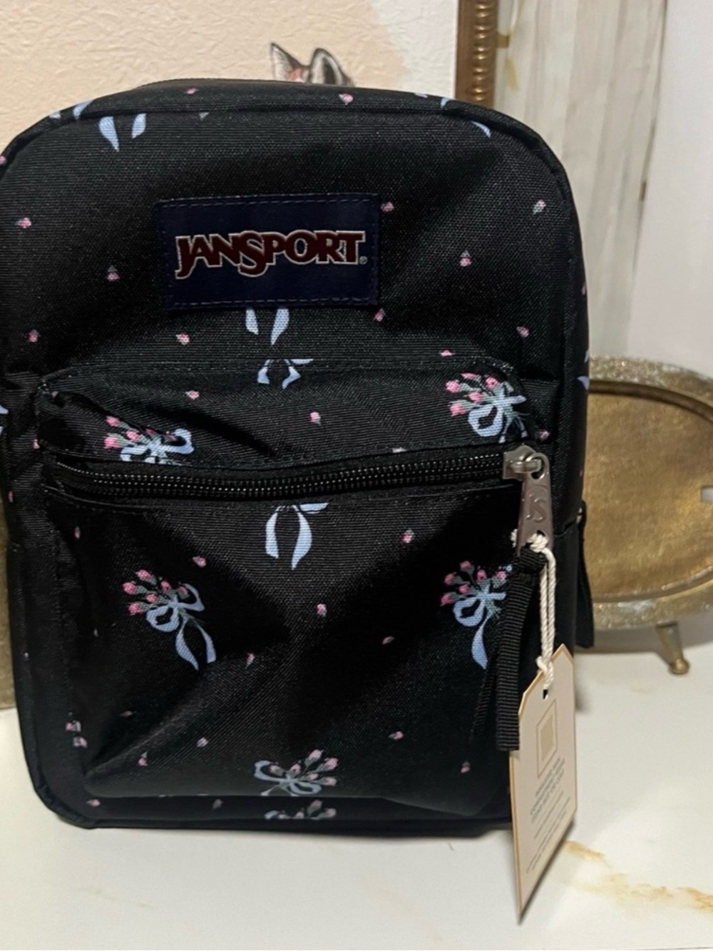 Jansport insulated lunch tote with Light Blue and Pink Bow Print